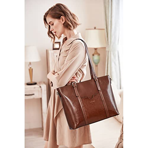 Bostanten Women Leather Laptop Tote Office Shoulder Handbag Vintage Briefcase 15.6 Inch Computer Work Purse Dark Brown #TOP2