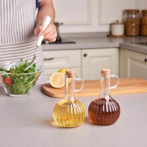 Eden & Willow 2 Pcs Olive Oil Dispenser Cruet Bottle Set 350ml, Borosilicate Glass Salad Dressing & Vinegar Pots, Ribbed Glass Sauce Bottles with Cork Stopper for Dressings, Syrups and Sauces - Image 3
