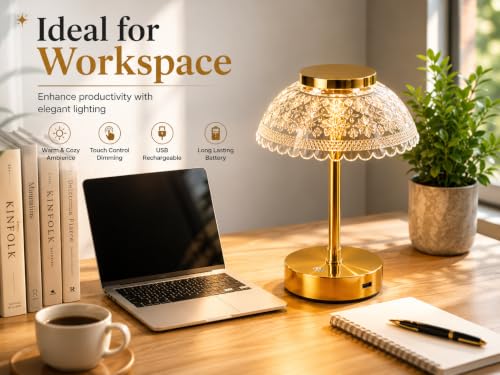 Image of Humongous LED Crystal Table Lamp with Touch Control, 3 Color Modes, USB Rechargeable, Gold Acrylic Flower Shade, Dimmable Bedside Lamp for Bedroom, Living Room, Office, Cafe Decor & Gifts Use