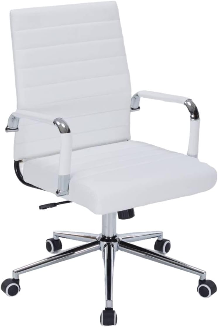 Mid-Back Office Desk Chair, Executive Office Chair with Arms, Ergonomic Swivel Rolling Leather Computer Chair for Conference Room and Home Office, White.
