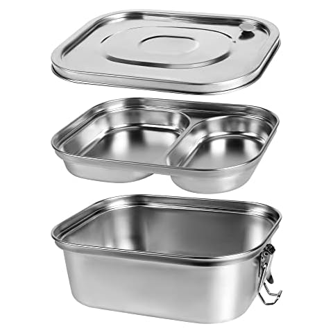 DREETINO 1350ml large sealed leak-proof double-layer stainless steel lunch box rectangular lunch box metal children's adult lunch box Eco-Friendly, Dishwasher Safe, BPA-Free - All Stainless Cover