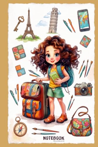 Cute Traveler Girl Unlined Notebook: Mustard Yellow 6x9 Inches 120 Pages Journal for Girls, Teens & Kids, Travel Journal, Aesthetic School Supplies & Journaling Gift image 2