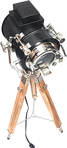 Aladean Industrial Tripod Floor Lamp For Living Room Bedroom, Vintage Chrome Black Spotlight Reading Lamp With Wooden Tripod Legs Searchlight Floor Lamp For Office, Cinema, Dorm #TOP4