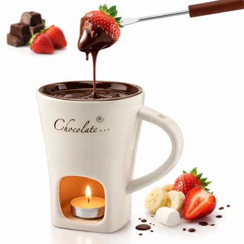 Fondue Mug Set for Chocolate Ceramic Melting Cups Tealight Mini Fondue Pot Kit with Fork & Candle Candy warmer Perfect Gift for Date Nights Valentines Birthday Wedding Gift Dessert lovers (1 White)