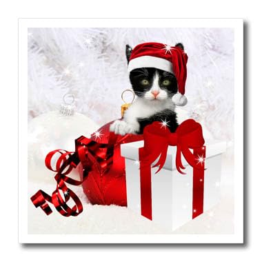 6x6 Iron on Heat Transfer for White Material - Black and White Kitten with Christmas Ribbon and Ornaments in Red and White Christmas Collection