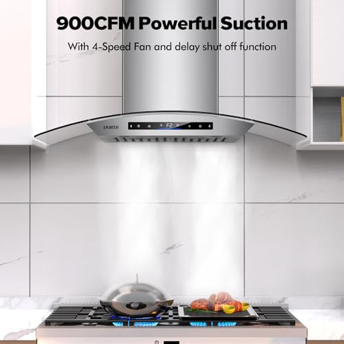 Image of 30 inch Wall Mount Range Hood, 900 CFM Kitchen Vent with Gesture & Remote & Touch Control, Ducted Stainless Steel with Tempered Glass Kitchen Hood with Memory Mode, Adjustable Lights