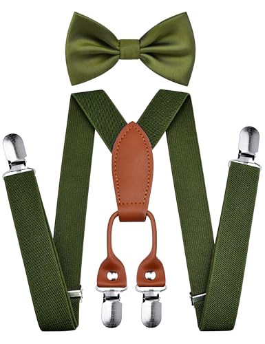 Opiniones de Tirantes para Niño los mejores 10. 42 Branduce - Juego de pajarita y tirantes ajustables para niños con 4 clips fuertes, Verde militar, general