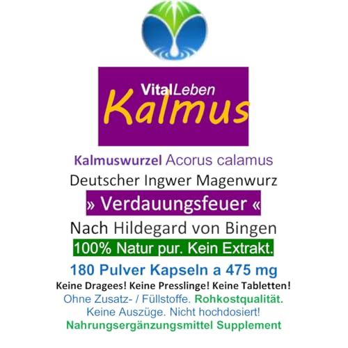 Kalmus-Wurzel Magenwurz Magen Bitter(stoffe) APERITIF & DIGESTIF Verdauung Stoffwechsel 180 Pulver Kapseln nach Ayurveda & Hildegard von Bingen - NATUR PUR ohne ZUSATZSTOFFE. 26860-180