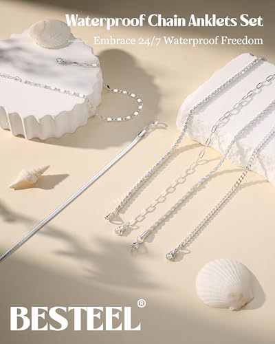 Image of Besteel Ankle Bracelets for Women Waterproof - 14K Gold Plated Non Tarnish Layered Cuban Link Chain Rope Figaro Herringbone Anklets Set Plus Size Anklet Summer Foot Jewelry Gift Adjustable 8-12 Inch
