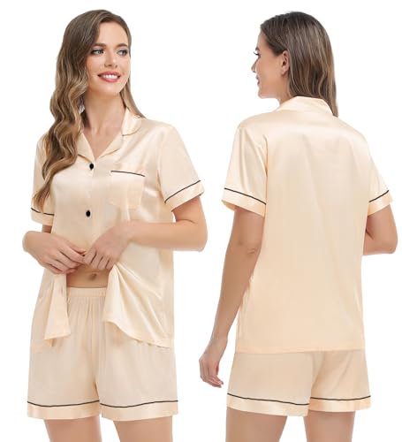 Image of SWOMOG Womens Silk Satin Pajamas Set Short Sleeve Sleepwear Button Down Top and Shorts Loungewear 2 Piece Pjs Set XS-3XL