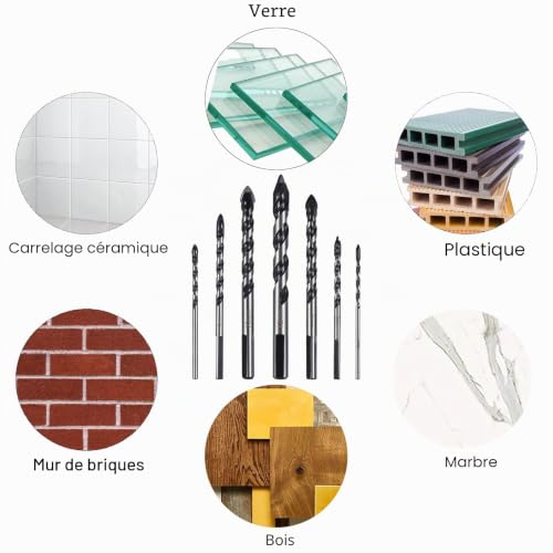 HPMAISON Lot de 7 forets à maçonnerie en carbure de tungstène pour porcelaine, carrelage, béton, mur de brique, verre, miroirs, plastique, maçonnerie et bois (3 4 5 6 8 10 12 mm) – vue 6