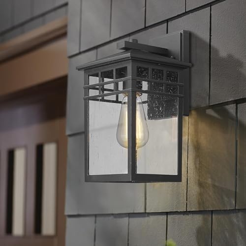 Image of Outdoor Light Fixture Wall Mount, Modern Farmhouse Exterior Wall Sconce with Seeded Glass for Porch, Waterproof Industrial Craftsman Carriage Lantern Lamp Outside for House Patio Yard Garage