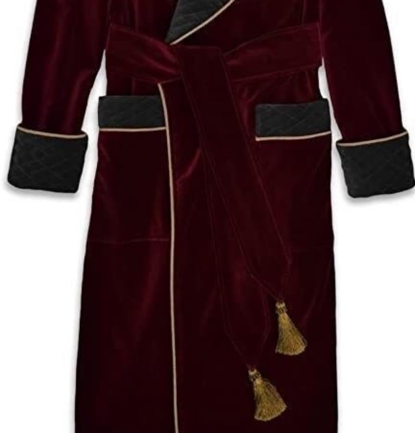 Men's Smoking Robe Maroon Velvet Coat Long Comfortable Quilted Robe For Men Belted Jacket3
