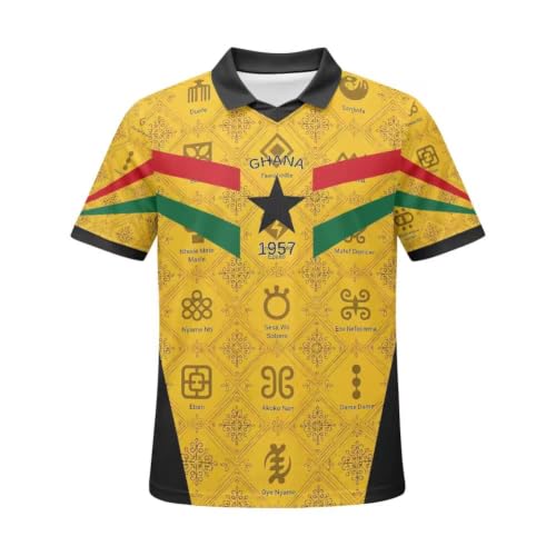 Ghana Football Jersey Yellow Gold with National Flag Ghana Map 57 Adinkra embeded Star Soccer Shirt (US Alpha Large Regular Regular)