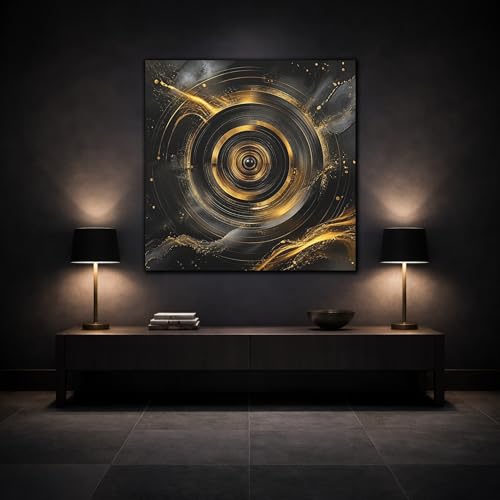 Tableau abstrait cercles noirs et dorés pour dynamiser un mur blanc vide