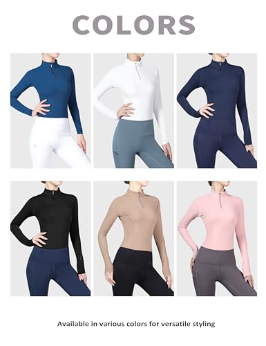 Harrison Howard Langärmeliges Reiter-Top mit Stehkragen, atmungsaktiv, bequem, dehnbar, mit Stickerei-Details, figurschmeichelndes Reiter-Top für Shows und Wettbewerbe, Marineblau, Mittel