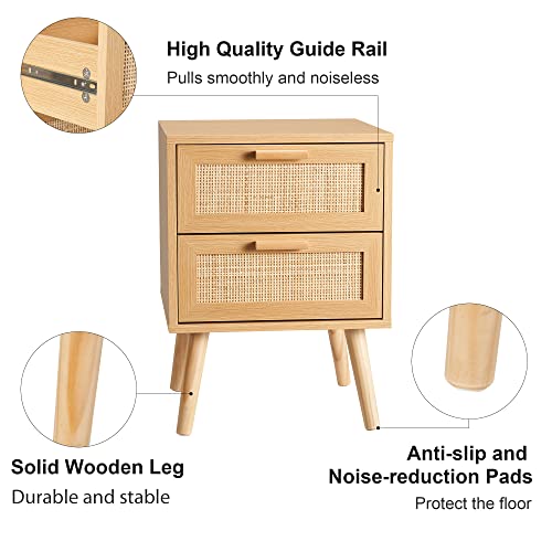 SIMFLAG Rattan Nightstand,Bedside Table with 2 Rattan Drawers, End Table with Storage, Light Wood Accent Table for Living Room Bedroom,Natural - Image 3