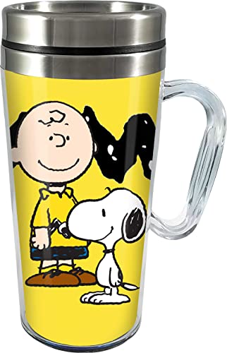 Image of Spoontiques Peanuts Insulated Travel Mug, 14oz - Double Wall Stainless & Acrylic Drink Cup with Twist Top Lid & Handle - Charlie Brown