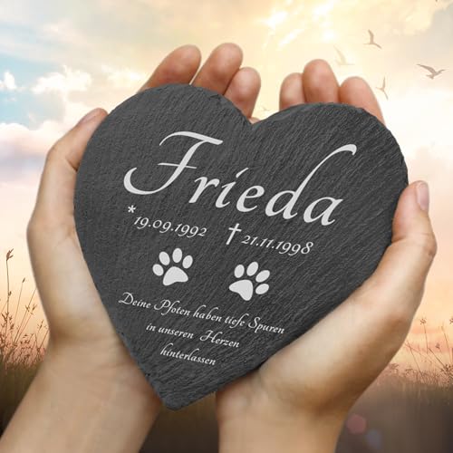 kultdog Schiefer Herz Grabstein mit Gravur - Gedenkstein für Mensch, Hund, Katze, Haustiere - Tiergrabstein mit Wunschtext - Grabschmuck für Urnen - Gedenktafel personalisiert - Pfoten
