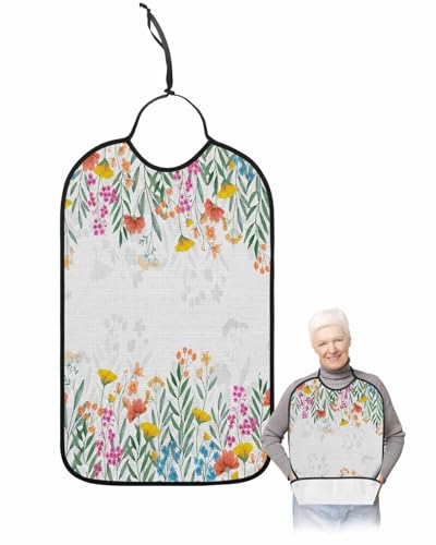 Onekaccu Fall Leaves Floral Adult Bibs for Elderly Women Men Washable Bibs for Eating, Farmhouse Autumn Flwer Botanical Plant Waterproof Clothing Protectors Adult Bibs with Crumb Catcher