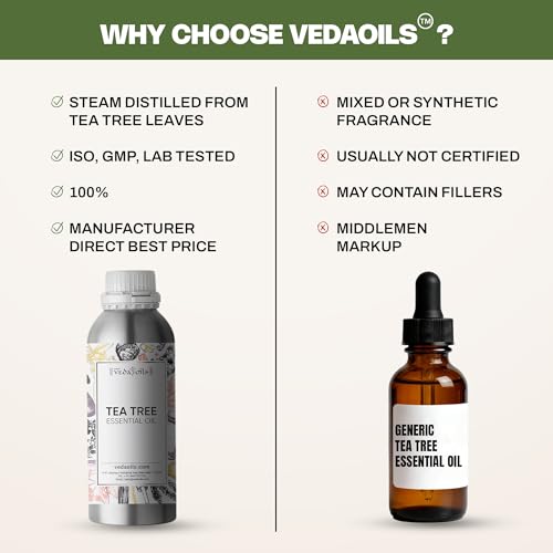 Image of VedaOils Tea Tree Essential Oil 100ml | 100% Pure & Natural, Undiluted Therapeutic Grade Tea Tree Oil for Skin, Hair, Face, Acne, and Dandruff Care