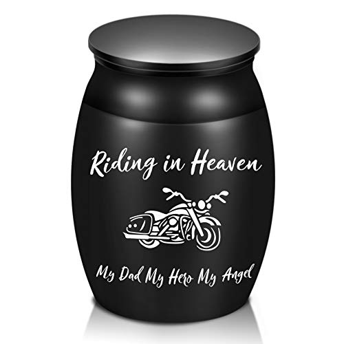 Beautiful Urns for Dad Ashes, 1.6“ High Small Personal Cremation Urns for Funeral, Peaceful Decorative Urns, Handcrafted Keepsake Urn, Engraved Riding in Heaven & Motorcycle Urns for Sharing