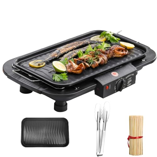 2000w Electric Bbq Grill, Smokeless Indoor & Outdoor Portable Barbecue With Removable Stand, 6 Temp Settings & Double Heating Tube, Includes Grilling Tongs, Skewers, And A Grill Pan.(Black)