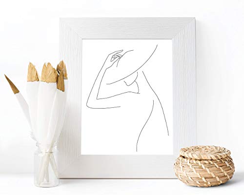 Abstract Fashion Hat Tip | Woman One Line Silhouette - 11X14 Unframed Black And White Art Print Of Nordic Modern Contemporary Female Form Line Drawing Wall Decor #TOP6