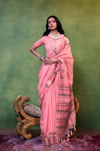 Image of SGF11 Women's Soft Cotton Linen Silk Saree With Unstitched Blouse Piece