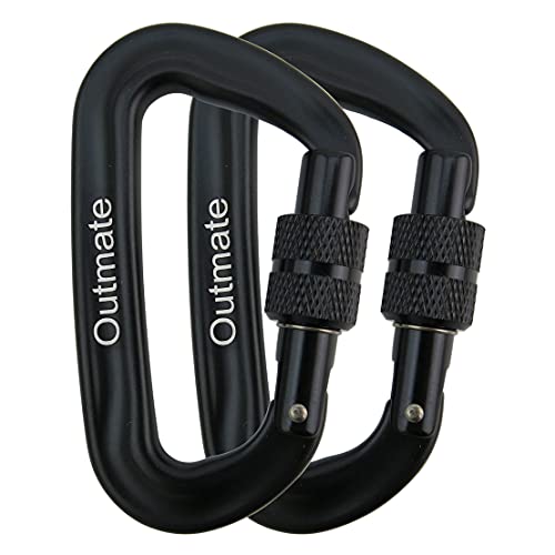 Outmate Carabiner Clip,12kN Aluminium Alloy Screwgate Carabiners,Heavy Duty Clips 2645lbs/1200kg,Perfect Gear for Hammocks Camping Hiking Keyring and Utility(Screw gate,2 Black)