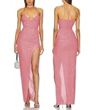 Capuffy Women's Spaghetti Straps Elegant Glitter V-Neck Cocktail Maxi Dress Thigh-High Slit Ruched Bodycon Evening Gown 315(Pink,M)