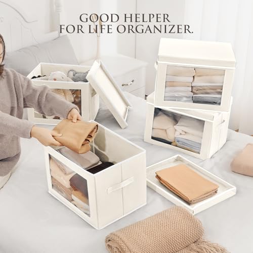 Fabric Storage Bins with Lids, Decorative Storage Boxes, Closet Storage Bins with Window, Storage Baskets for Closet, Closet Organizers for Towel, Clothes, Beige, 4-Pack - Image 5