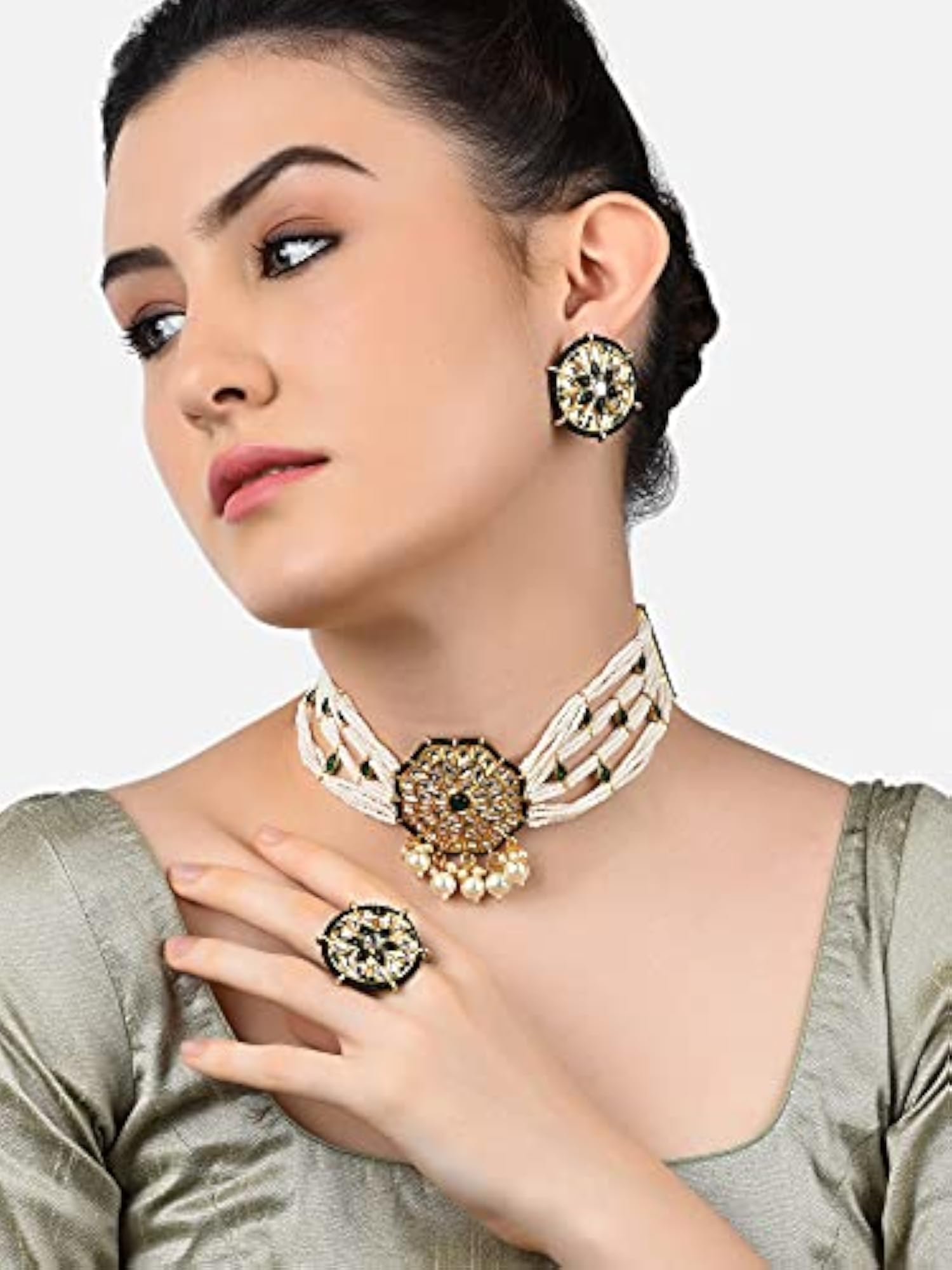 Kundan & Choker Necklace Earring & Ring Set - ZPFK11229