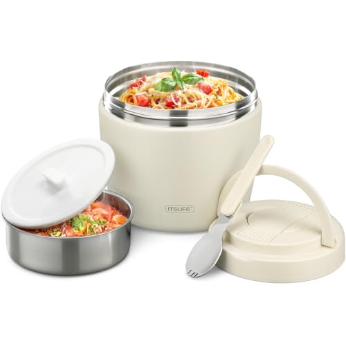 Image of Itslife 32oz Insulated Soup Thermo, Vacuum Stainless Steel Food Jar for Hot & Cold Food, Leakproof Wide Mouth Lunch Container with Spoon, White