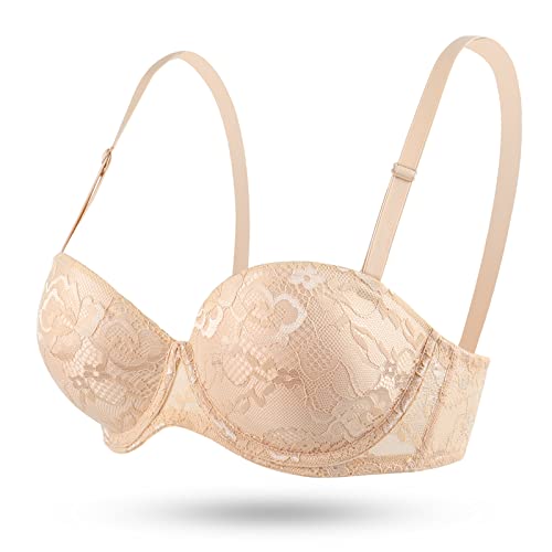 Crushnow Women's Strapless Push Up Convertible Bra Ultra Pads With Clear Straps Multiway Add 2 Cups Underwire Sexy Lace Bra,Beige, 38A #TOP6