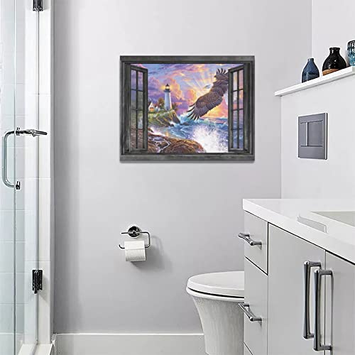 Nautical Lighthouse Bald Eagle Wall Decor Coastal Ocean Pictures Wall Art Vintage Sunrise Canvas Print Painting Framed Home Artwork For Bathroom Bedroom Kitchen Office 16"X12" #TOP1