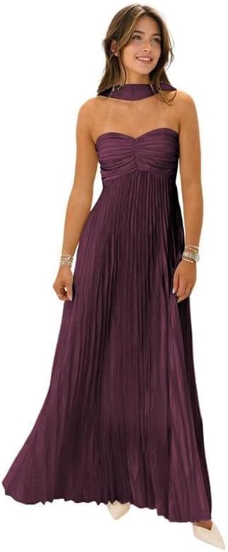 Womens Chiffon Bridesmaid Dresses with Scarf Long Strapless Prom Dresses 2025 Pleated Wedding Guest Dress B21