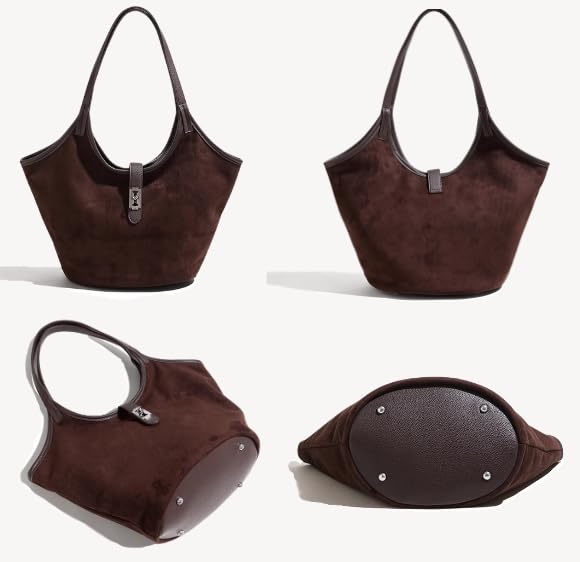 Image of Brown Suede Tote Bag for Women Trendy Hobo Bag Bucket Tote Bag Work Hobo Handbags