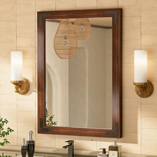 TETOTE 22 x 30 Walnut Wood Mirror for Bathroom Wall/Bedroom/Living