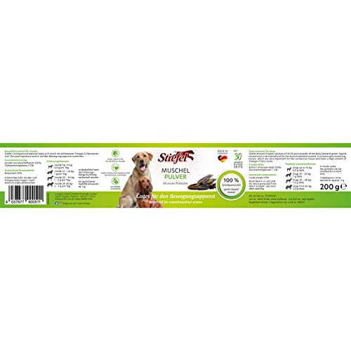 Stiefel Muschelpulver für Hunde, 100% naturbelassen, reines Naturprodukt aus neuseeländischer Grünlippmuschel, unterstützt den gesamten Bewegungsapparat, das Bindegewebe & die Gelenkfunktion, 200g
