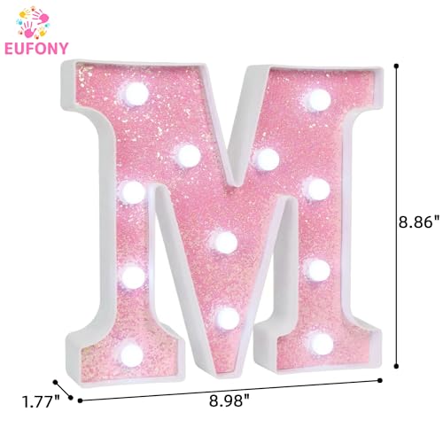 Image of Pink Glitter Marquee Light Up Letters, Battery Operated LED Letter Lights Signs for Pink Birthday Party Table Decorations, Wall Decor for Girls Bedroom, Initial Letter M with Cool White Lights
