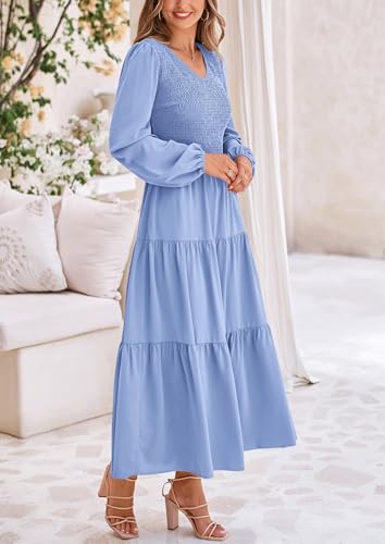 Image of PRETTYGARDEN Fall Dresses for Women 2025 Casual Long Sleeve V Neck Smocked A Line Long Flowy Wedding Guest Dress (Light Blue,X-Large)