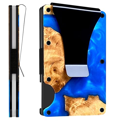 Resin Wood Pattern Aluminum Wallet for Men & Women, Slim, Minimalistic & Seamless Blocks RFID Scanners with a Money Clip Card Holder Wallet Clip Blue
