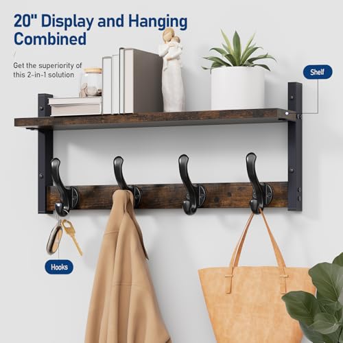 Image of Tatub 20 inch Rustic Coat Rack Wall Mount with Shelf, Wall Hooks with Shelf, Heavy Duty Entryway Organizer Hangers for Hanging, Hat, Bag, Jacket for Bathroom, Living Room, Bedroom, Rustic Brown