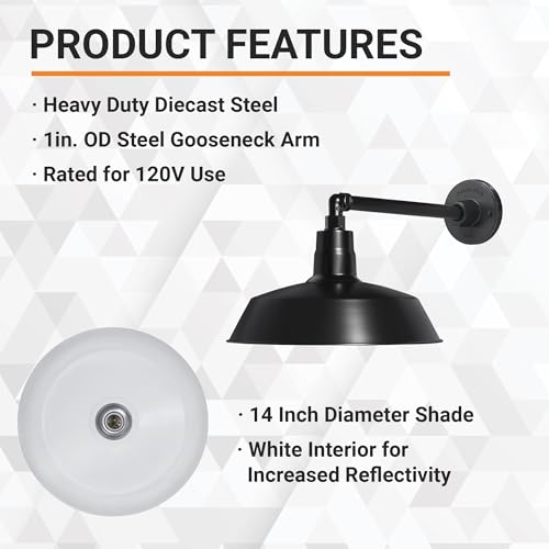 Image of 14in. Satin Black Outdoor Gooseneck Barn Light Fixture with 13in. Long Extension Arm - Wall Sconce Farmhouse, Vintage, Antique Style - UL Listed - 9W 900lm A19 LED Bulb (5000K Cool White)