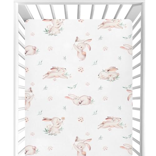 Image of CaTaKu Baby Crib Sheets Cute Rabbit Bunny Woodland Mini Crib Sheets Fitted for Girls Boys,Neutral Soft Toddler Mattress Bed Sheets for Crib,27 inchx 39 inch