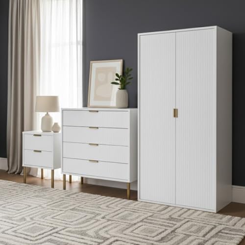 Image of Home Treats Bedroom Furniture Set White Wooden Wardrobe, Chest of 4 Drawers, Bedside Table with Gold Accents, Matching 3 Piece Set Ridged Design (Full 3 Peice Set)