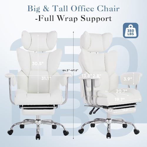 Image of Big and Tall Office Chair 350 LBS, Scratch-Resistant PU Leather Executive Office Desk Chair with Footrest, Ergonomic Reclining Computer Chair with Pocket Spring Support for Home Office, Beige