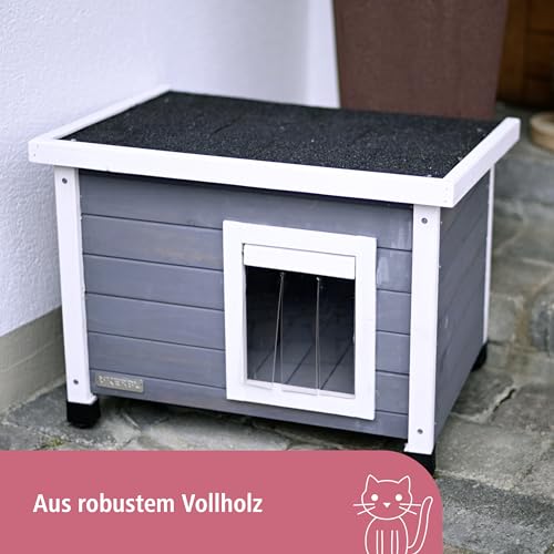 Kerbl Pet Katzenhaus Rustica, Katzenhütte, grau/weiß, Vollholz, 57x45x42cm, mit Schwingtüre, Plexiglasfenster, höhenverstellbare Kunststofffüße