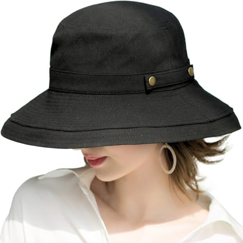 Cotton Bucket Hat for Women - Sun Hats for Summer & Spring, Wide Brim UPF 50 UV Protection Boonie with Chin Strap, Adjustable Packable Hat for Camping, Hiking, Beach, Golf, Smart Garden Black
